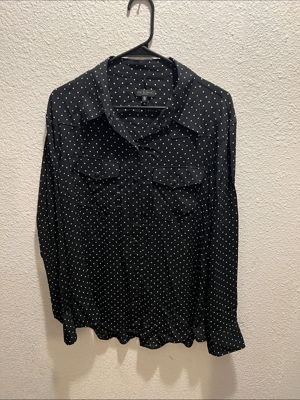 rag & bone Black Button-Down Blouse with White Polka Dots